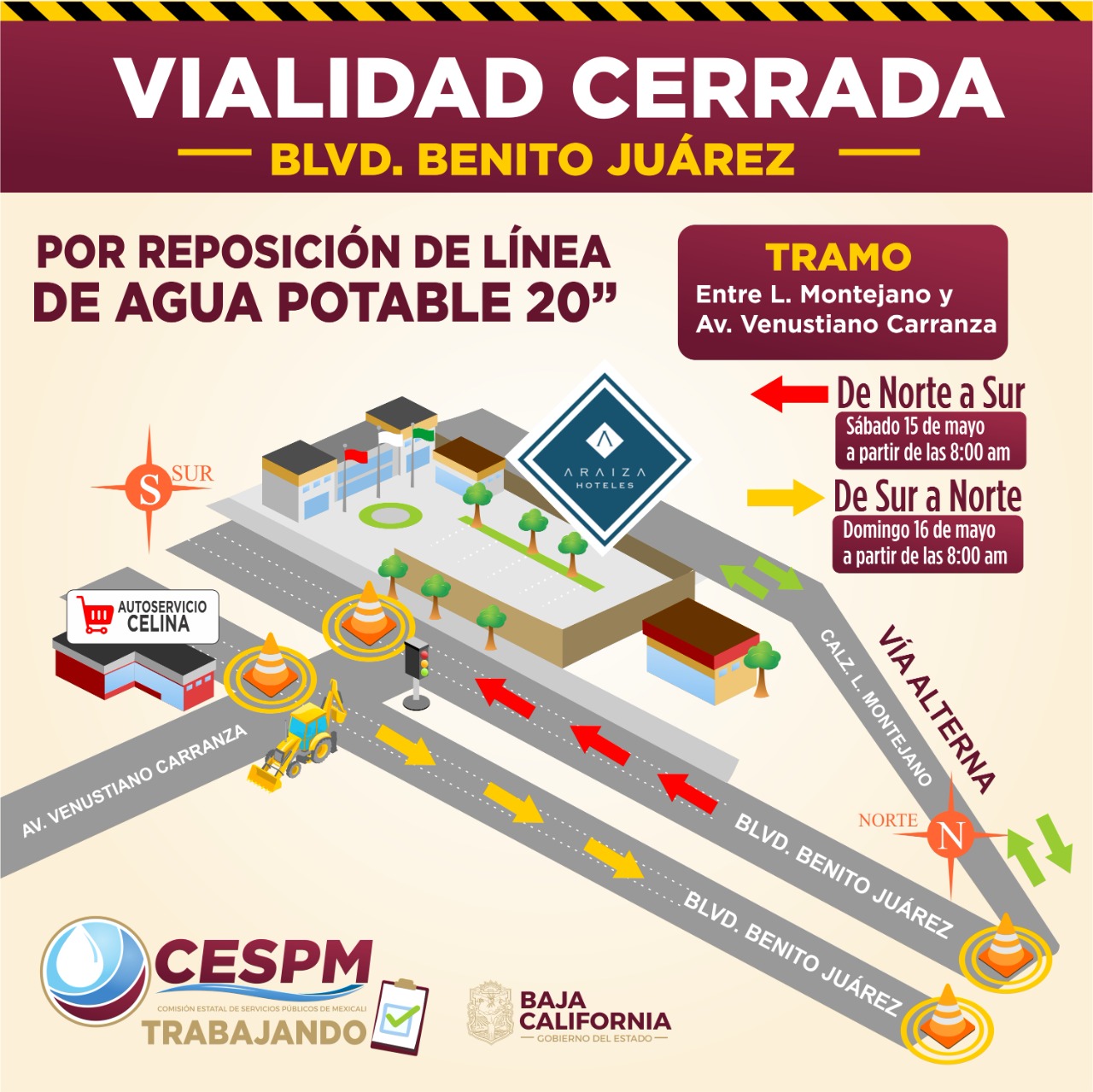 CESPM REALIZA TRABAJOS DE REPOSICIÓN DE LÍNEA DE AGUA POTABLE EN EL BOULEVARD BENITO JUÁREZ