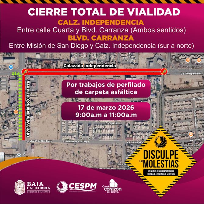 CESPM ANUNCIA CIERRE TEMPORAL DE VIALIDADES POR TRABAJOS DE PERFILADO DE CARPETA ASFÁLTICA