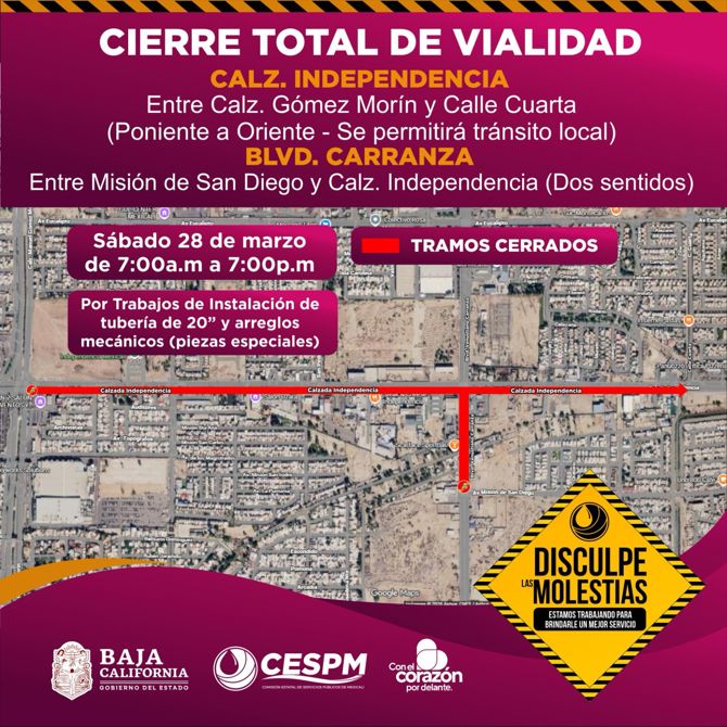 CESPM ANUNCIA CIERRE TOTAL DE VIALIDADES POR TRABAJOS DE INFRAESTRUCTURA HIDRÁULICA EN MEXICALI