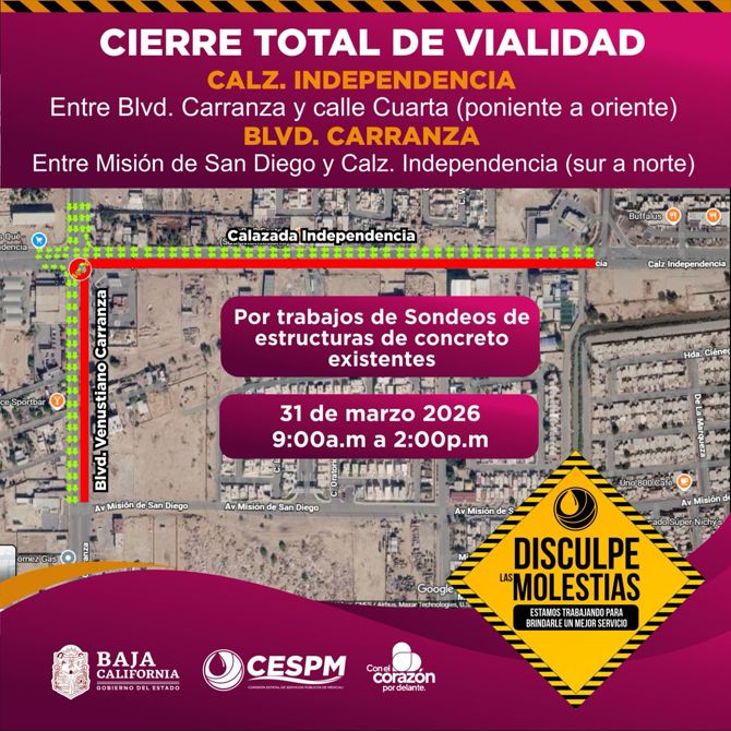 CESPM INFORMA CIERRE TEMPORAL DE VIALIDADES POR TRABAJOS DE SONDEO ESTRUCTURAL EN CALZADA INDEPENDENCIA