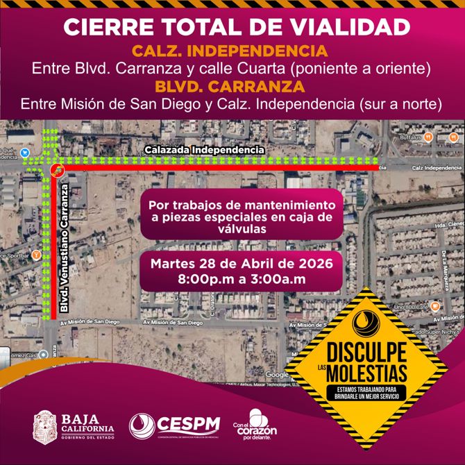 CESPM ANUNCIA CIERRE TEMPORAL DE VIALIDADES POR TRABAJOS DE MANTENIMIENTO