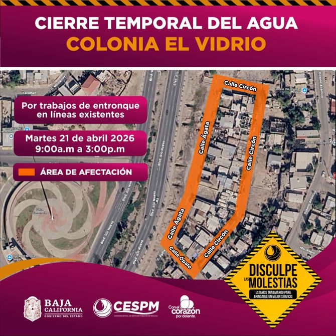 CESPM ANUNCIA SUSPENSIÓN TEMPORAL DEL SERVICIO DE AGUA EN DISTINTAS COLONIAS DE MEXICALI Y EL VALLE.