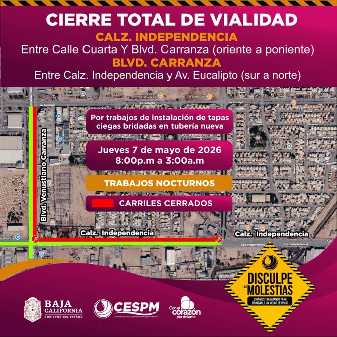 CESPM REALIZARÁ CIERRE PARCIAL EN CALZADA INDEPENDENCIA Y BLVD. CARRANZA POR TRABAJOS NOCTURNOS