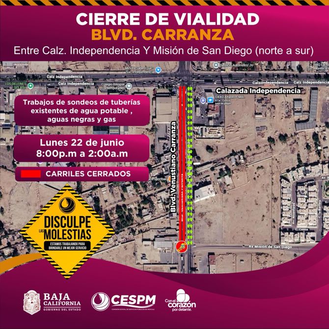 CESPM LLEVARÁ A CABO TRABAJOS NOCTURNOS, CON SONDEOS DE INFRAESTRUCTURA SUBTERRÁNEA EN BLVD. CARRANZA