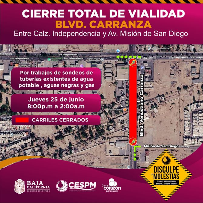 CESPM REALIZARÁ CIERRE NOCTURNO EN BLVD. CARRANZA PARA SONDEOS DE INFRAESTRUCTURA SUBTERRÁNEA