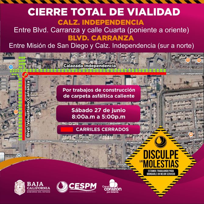 CESPM ANUNCIA CIERRES VIALES TEMPORALES POR TRABAJOS DE PAVIMENTACIÓN EN CALZADA INDEPENDENCIA Y BLVD. CARRANZA