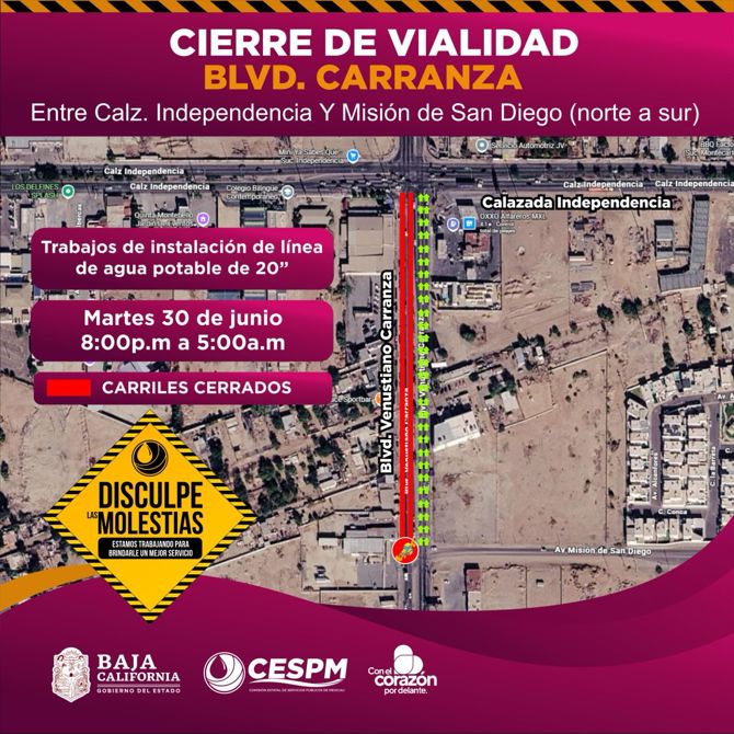 CESPM REALIZARÁ TRES JORNADAS NOCTURNAS DE TRABAJOS EN BLVD. CARRANZA PARA INSTALAR NUEVA LÍNEA DE AGUA POTABLE