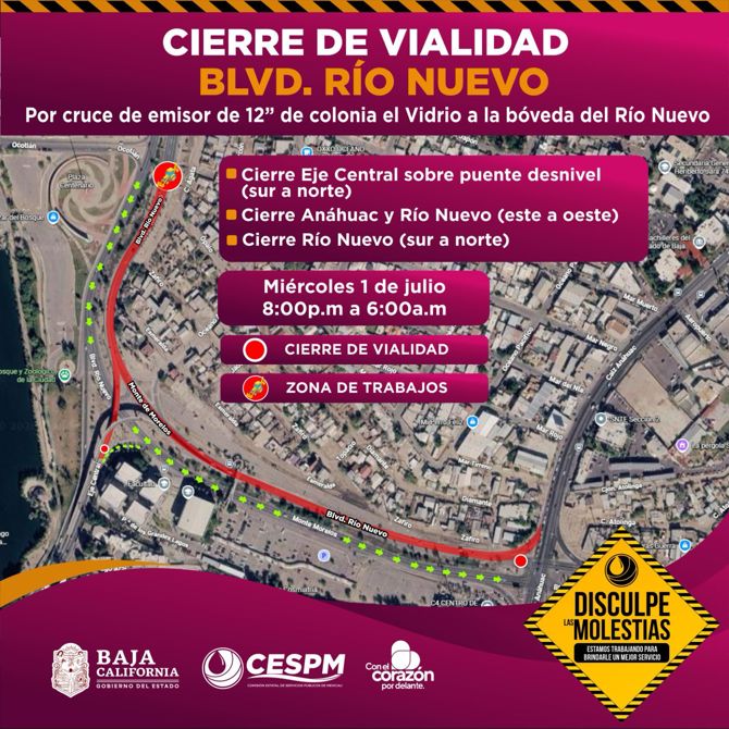 POR TRABAJOS DE INFRAESTRUCTURA SANITARIA, CESPM REALIZARÁ CIERRE NOCTURNO TEMPORAL EN BULEVAR RÍO NUEVO
