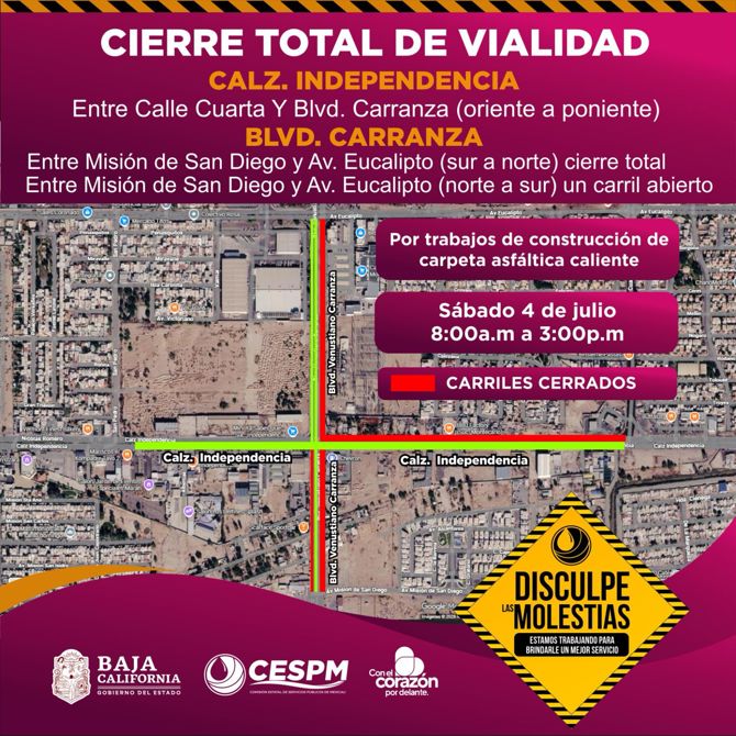 CESPM INFORMA CIERRES TEMPORALES DE VIALIDADES POR OBRAS DE INFRAESTRUCTURA PLUVIAL Y REHABILITACIÓN DE PAVIMENTO