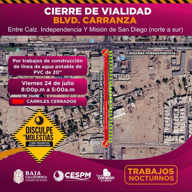 CESPM LLEVARÁ A CABO TRABAJOS NOCTURNOS EN BULEVAR CARRANZA PARA AMPLIAR LA INFRAESTRUCTURA DE AGUA POTABLE