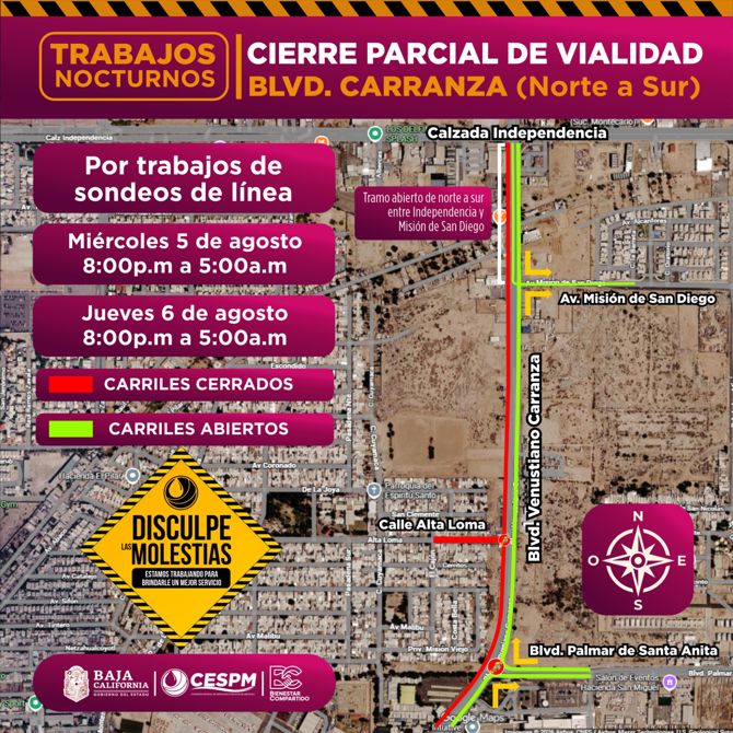 CESPM LLEVARÁ A CABO TRABAJOS NOCTURNOS CON CIERRE PARCIAL EN BULEVAR CARRANZA