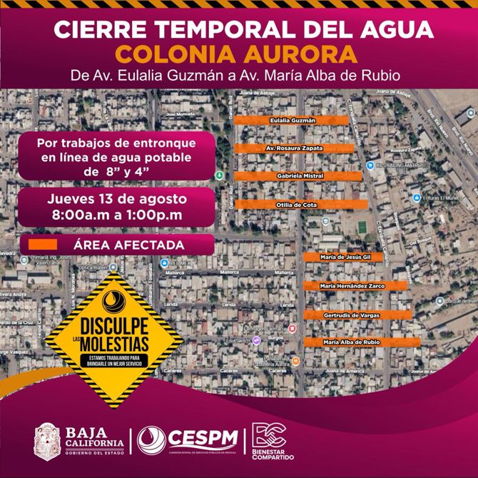 CESPM REALIZARÁ CIERRE TEMPORAL DE AGUA POTABLE EN LA COLONIA AURORA POR TRABAJOS DE ENTRONQUE