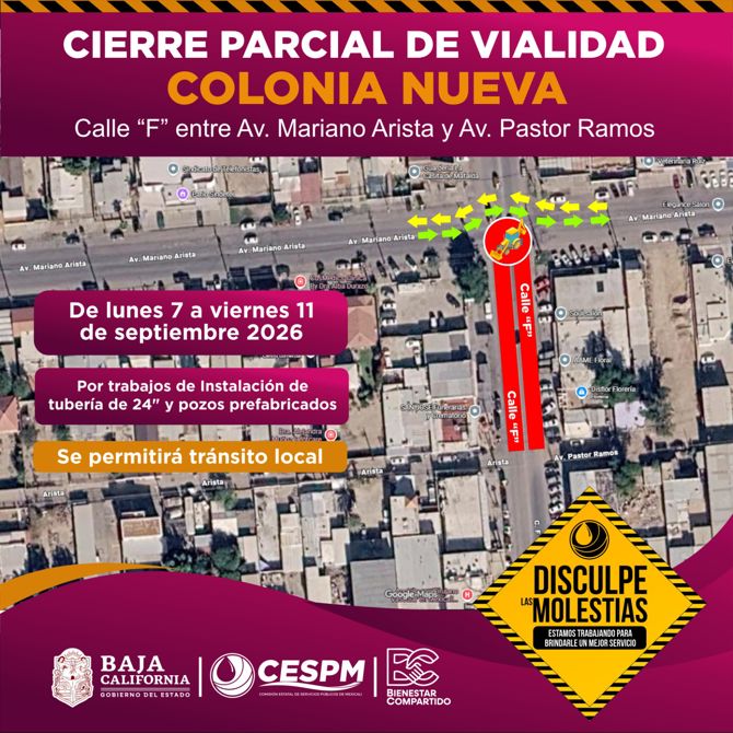 CESPM ANUNCIA CIERRE PARCIAL EN CALLE F POR OBRAS DE DRENAJE PLUVIAL
