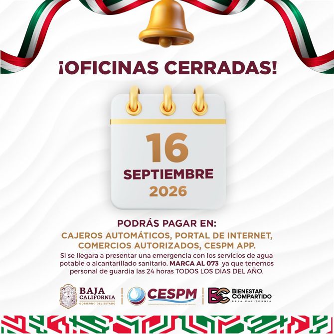 CESPM SUSPENDERÁ ATENCIÓN EN OFICINAS ESTE 16 DE SEPTIEMBRE